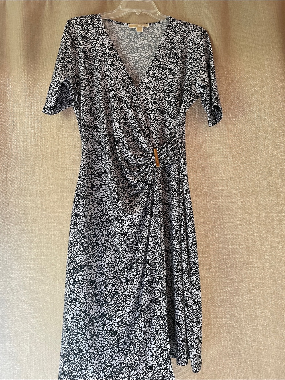 Michael Kors Black & White Floral Wrap-Style Midi Dress